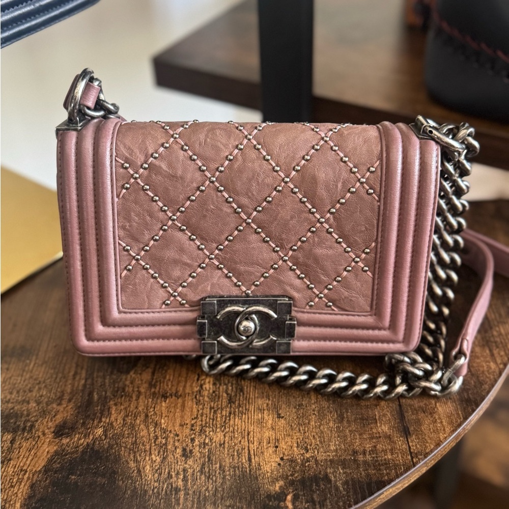 Chanel small mauve boy bag with studs
